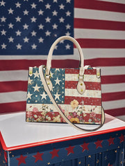 Women's American Flag Floral Leather Tote Shoulder Bag