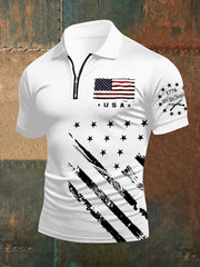 Men's Independence Day American Flag Zip Up Short Sleeve Top