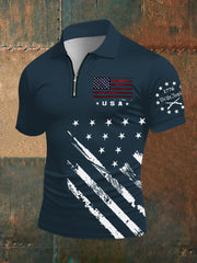 Men's Independence Day American Flag Zip Up Short Sleeve Top