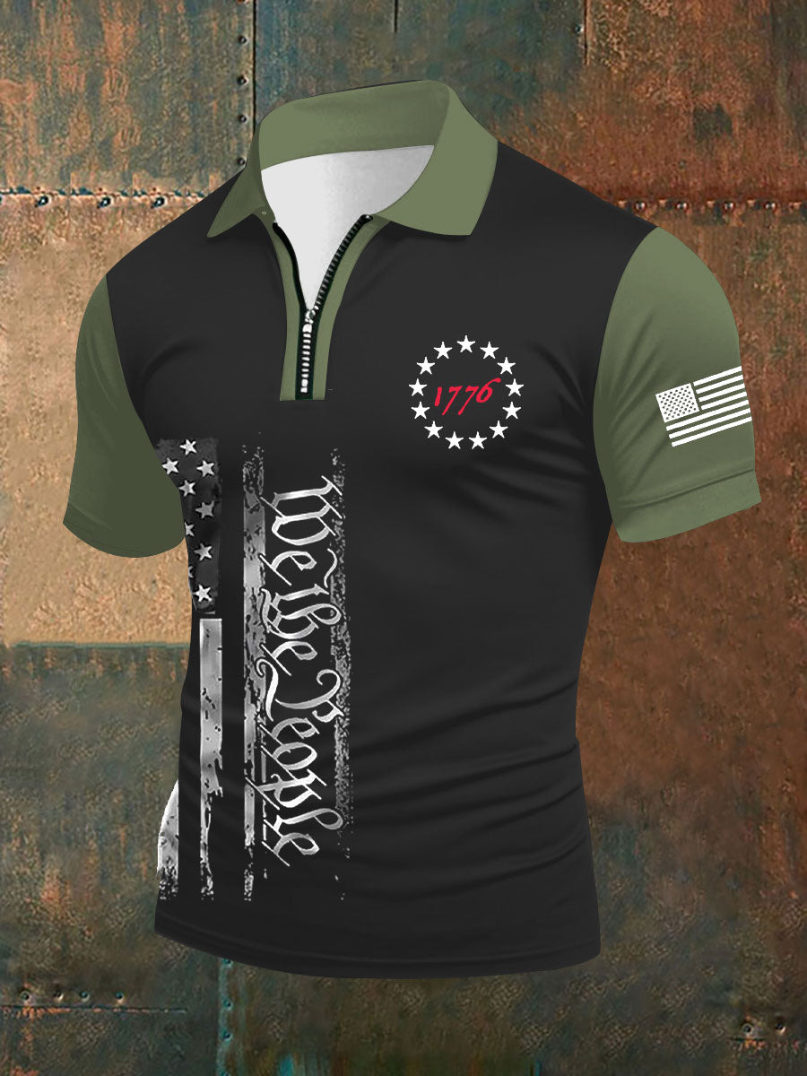 Men's Independence Day American Flag Zip Up Short Sleeve Top