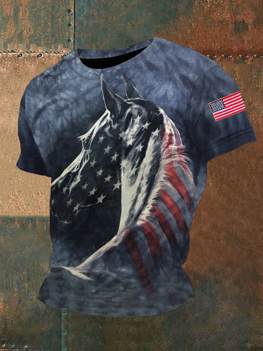 Men's Retro Independence Day Horse Short Sleeve Shirt