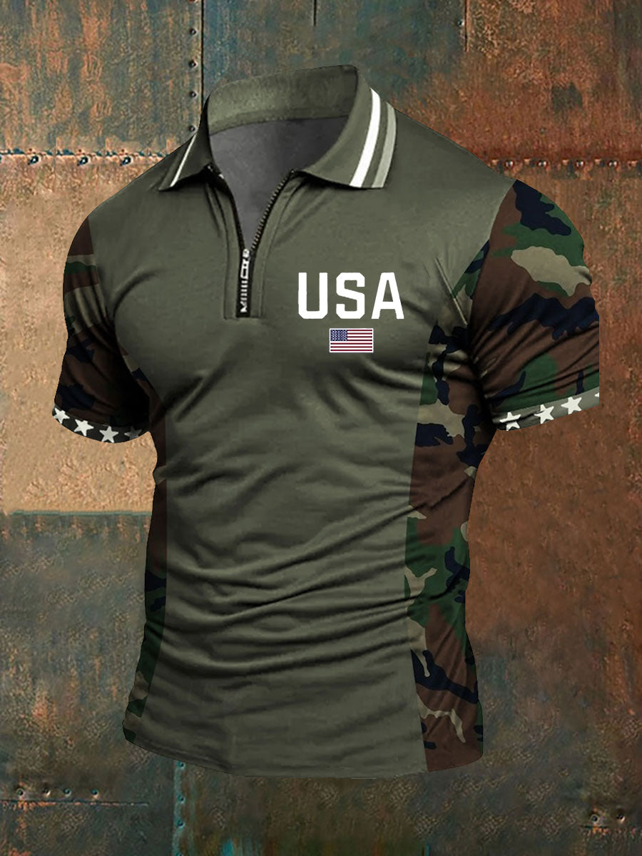 Men's American Flag Zip-Up T-Shirt