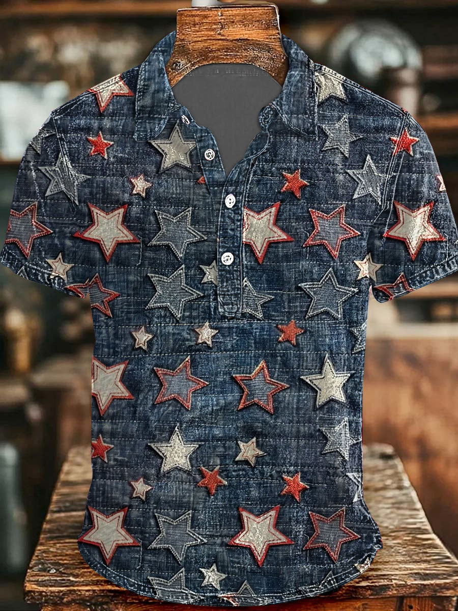 Men's Independence Day Denim Flag Patch Printed Short Sleeved Shirt