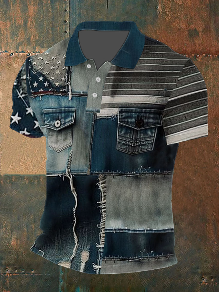 Men's Independence Day Denim Flag Patch Printed Short Sleeved Shirt