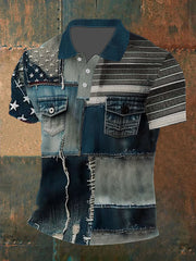 Men's Independence Day Denim Flag Patch Printed Short Sleeved Shirt