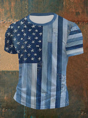 Men's Independence Day Denim Flag Patch Printed Short Sleeved T-shirt
