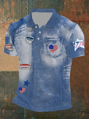 Men's Independence Day Denim Flag Patch Printed Short Sleeved Shirt