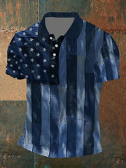 Men's Independence Day Denim Flag Patch Printed Short Sleeved Shirt