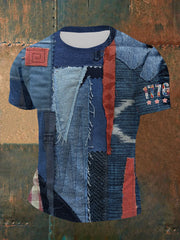 Men's Independence Day Denim Flag Patch Printed Short Sleeved T-shirt