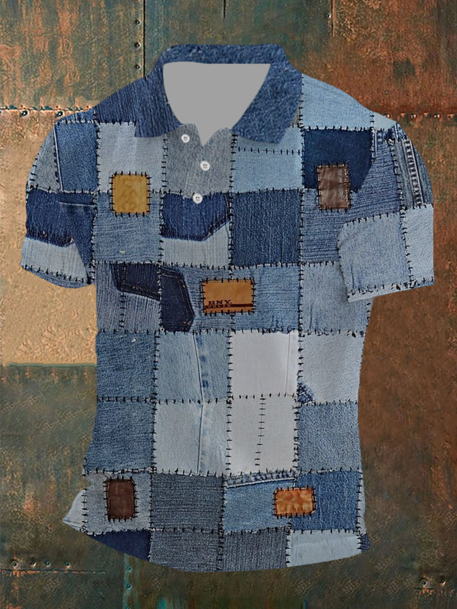 Men's Independence Day Denim Patch Printed Short Sleeved Shirt