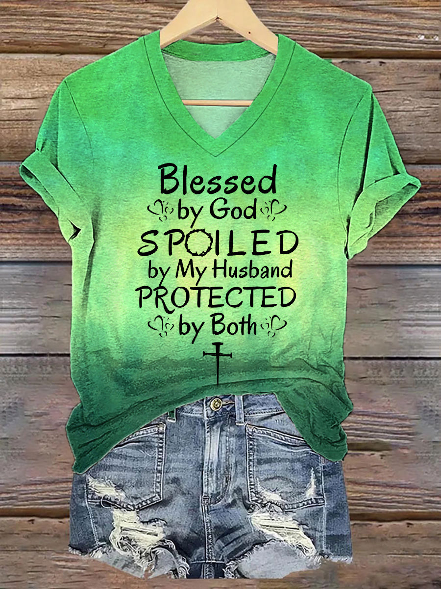 Women's Blessed By God Spoiled By My Husband Protected By Both Gradient Print V-Neck Tee