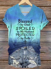 Women's Blessed By God Spoiled By My Husband Protected By Both Gradient Print V-Neck Tee