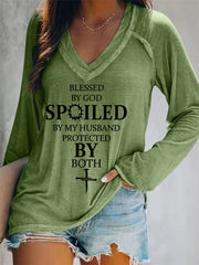 Women's Blessed By God Spoiled By My Husband Protected By Both Casual Long-Sleeve V-Neck Tee