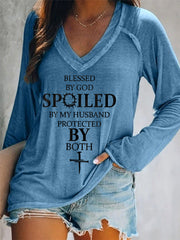 Women's Blessed By God Spoiled By My Husband Protected By Both Casual Long-Sleeve V-Neck Tee