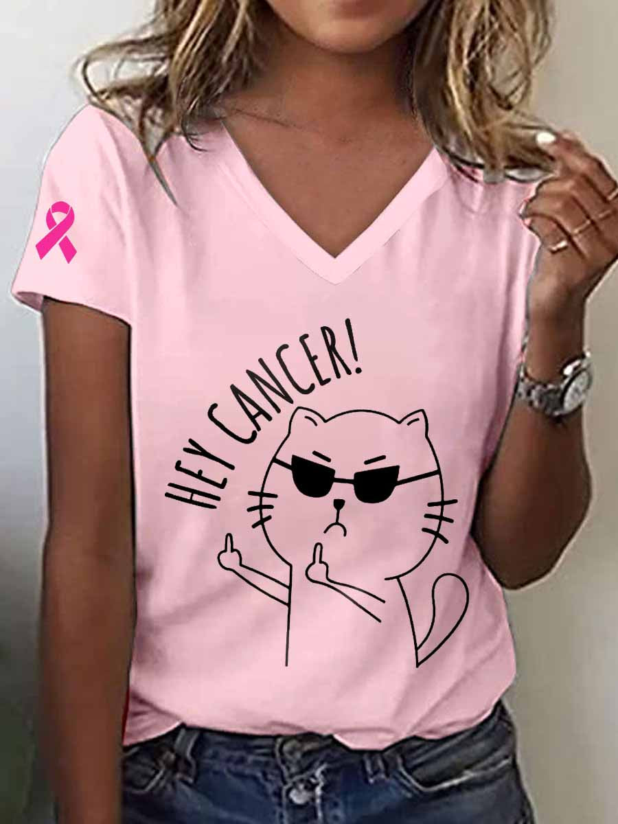 Women's Hey Cancer Print Breast Cancer Awareness V-Neck T-Shirt