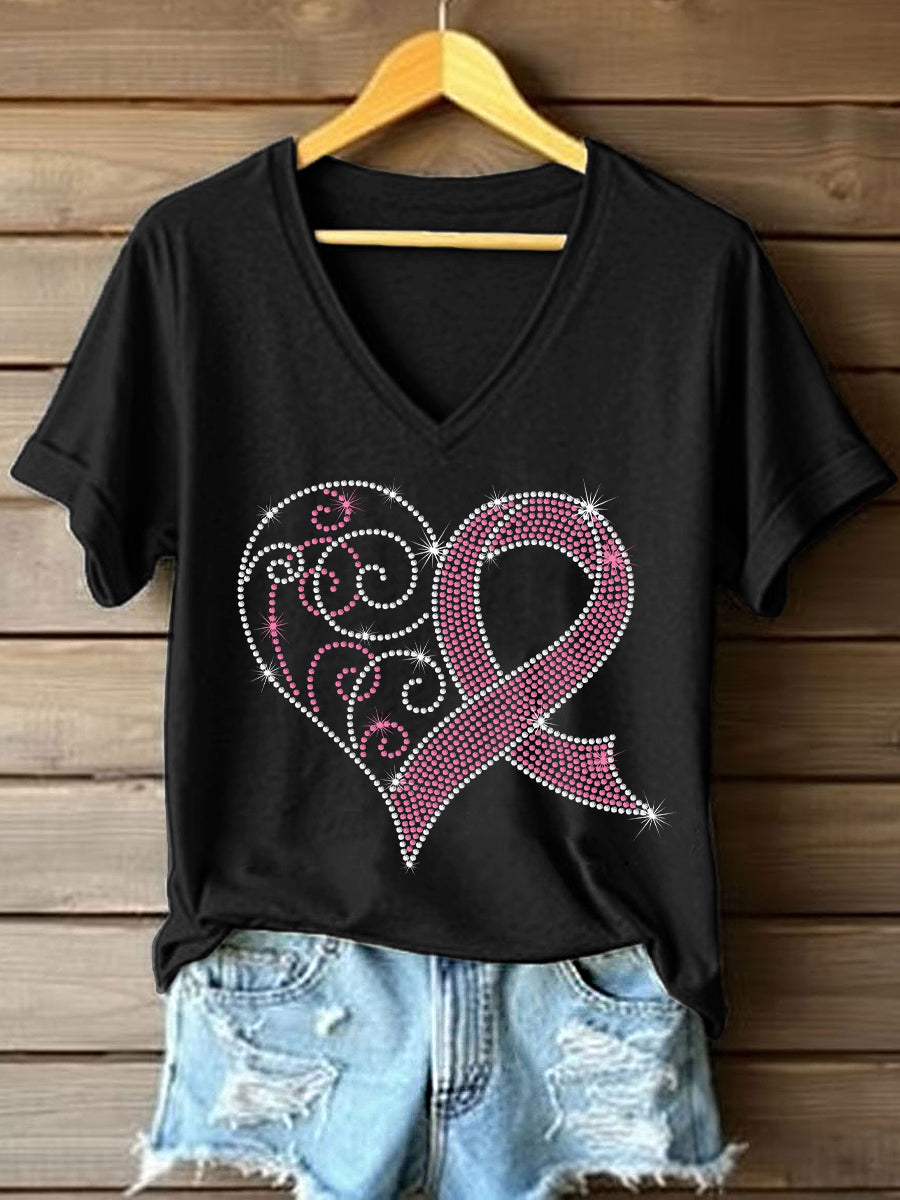Women's Rhinestone Pink Ribbon Pattern V-Neck T-Shirt
