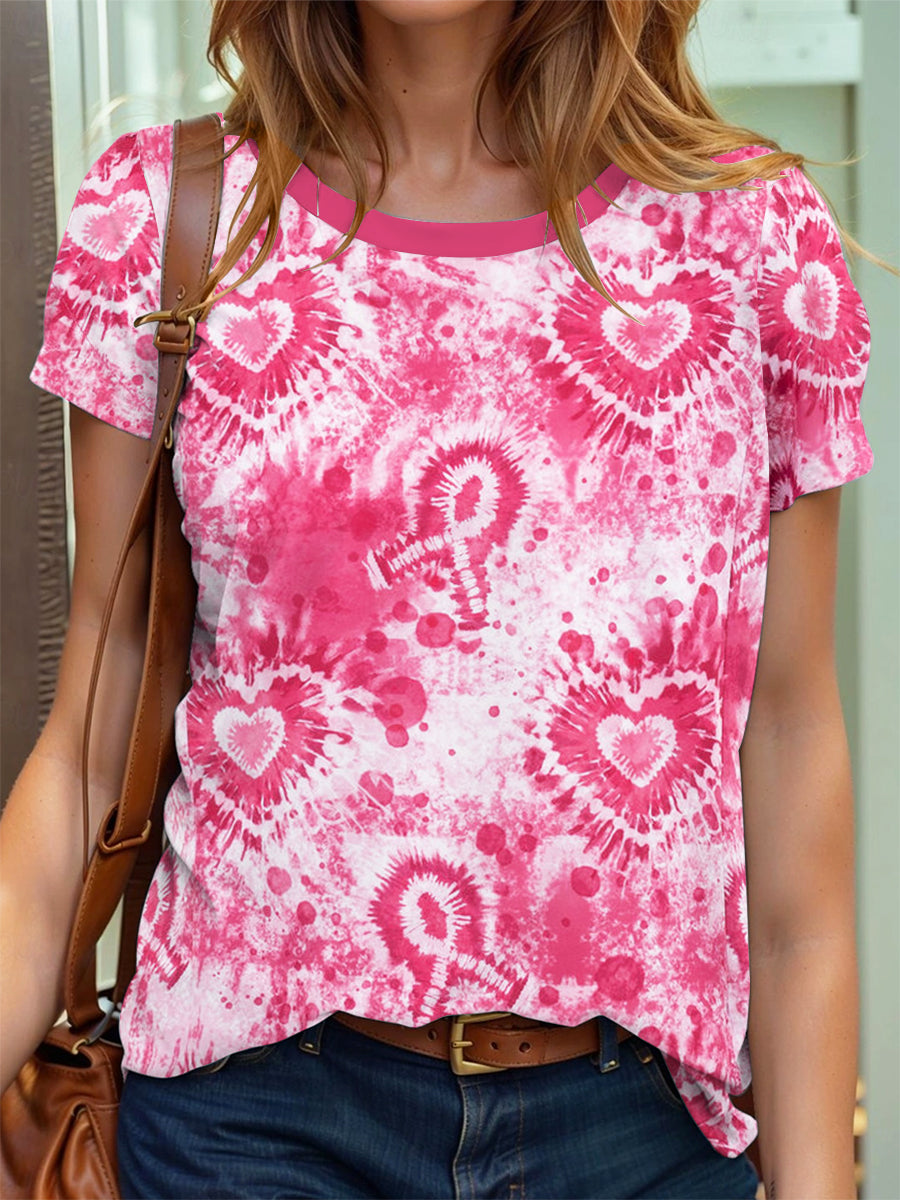 Women's Breast Cancer Awareness Tie-Dye Ribbon Heart Print Short Sleeve T-Shirt