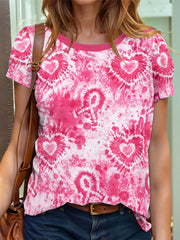 Women's Breast Cancer Awareness Tie-Dye Ribbon Heart Print Short Sleeve T-Shirt