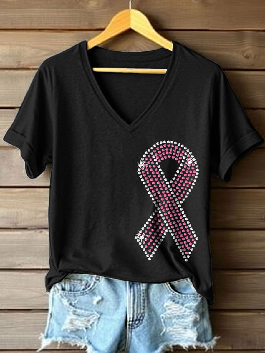 Women's Rhinestone Pink Ribbon Pattern V-Neck T-Shirt