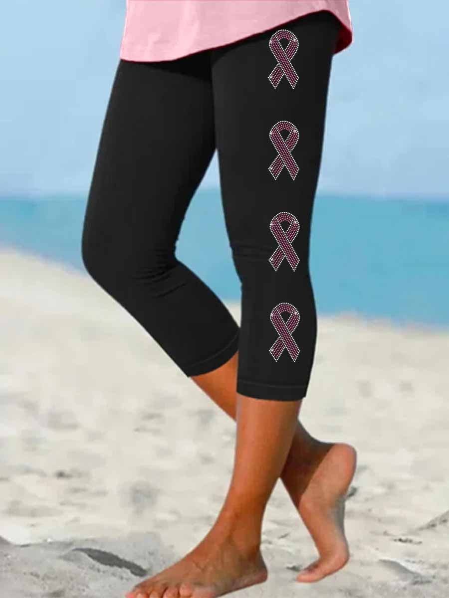 Women's Pink Rhinestone Ribbon Pattern Stretch Leggings