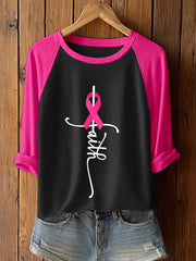 Women's Pink Ribbon Faith Print Contrast Color T-Shirt