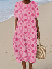 Women's Breast Cancer Awareness Floral Ribbon Short Sleeve Dress