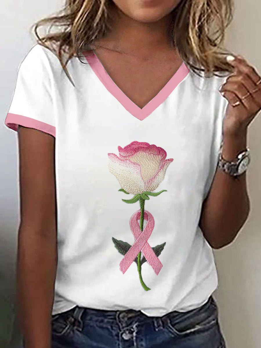 Women's Pink Ribbon & Floral Embroidered V-Neck T-Shirt
