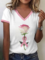 Women's Pink Ribbon & Floral Embroidered V-Neck T-Shirt