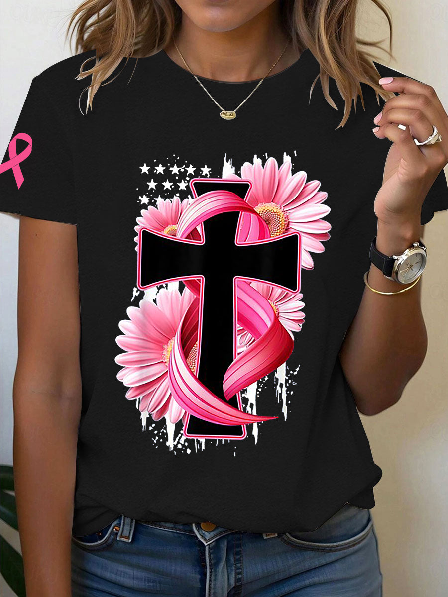 Women's Breast Cancer Awareness Cross Print T-Shirt