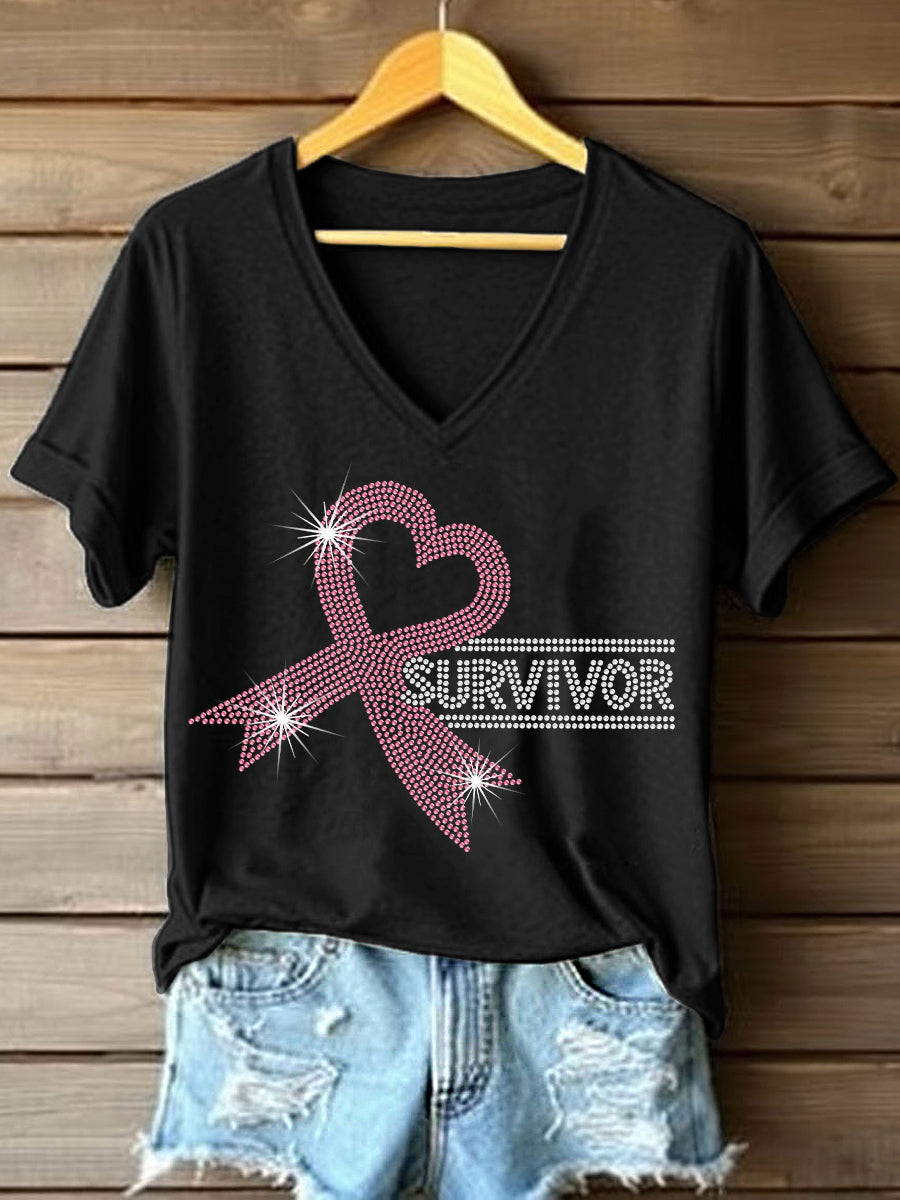 Women's Rhinestone Pink Ribbon Pattern V-Neck T-Shirt