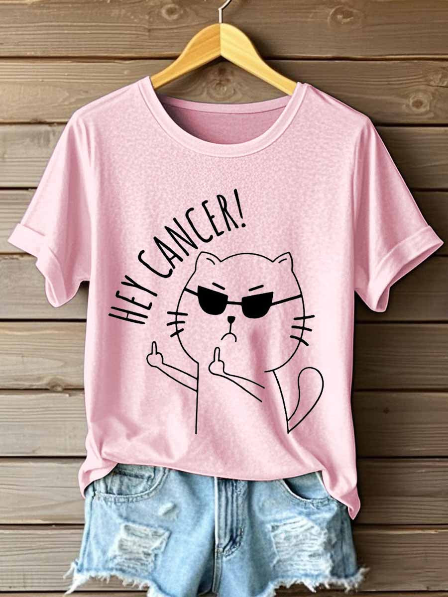 Women's Hey Cancer Print Breast Cancer Awareness T-Shirt