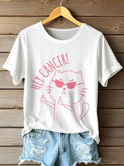 Women's Hey Cancer Print Breast Cancer Awareness T-Shirt