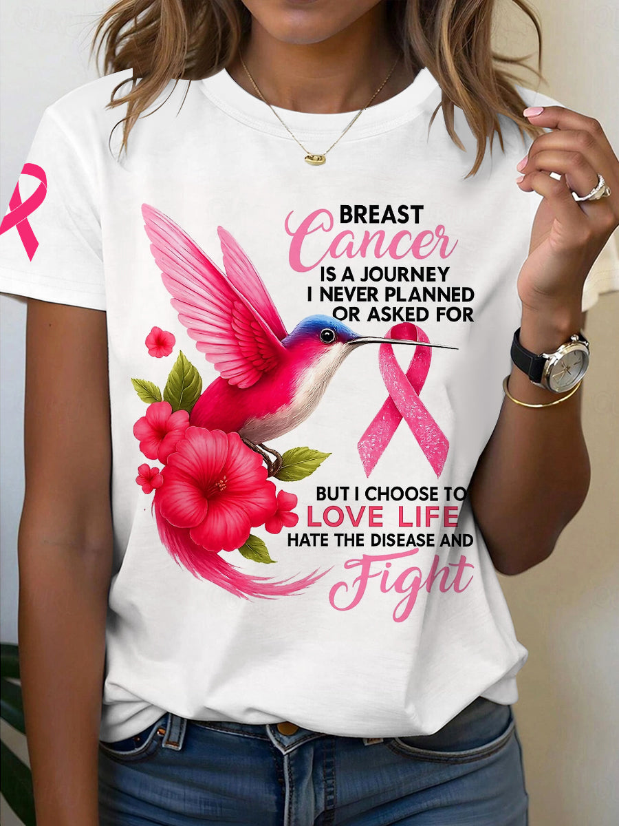 Women's Breast Cancer Awareness Hummingbird Ribbon Print Short Sleeve T-Shirt