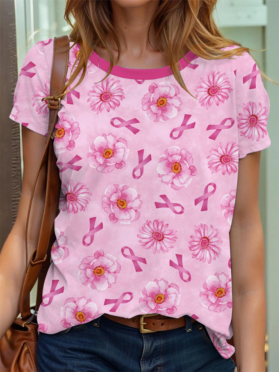 Women's Breast Cancer Awareness Floral Ribbon Short Sleeve T-Shirt