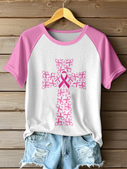 Women's Pink Ribbon Cross Print Contrast T-shirt