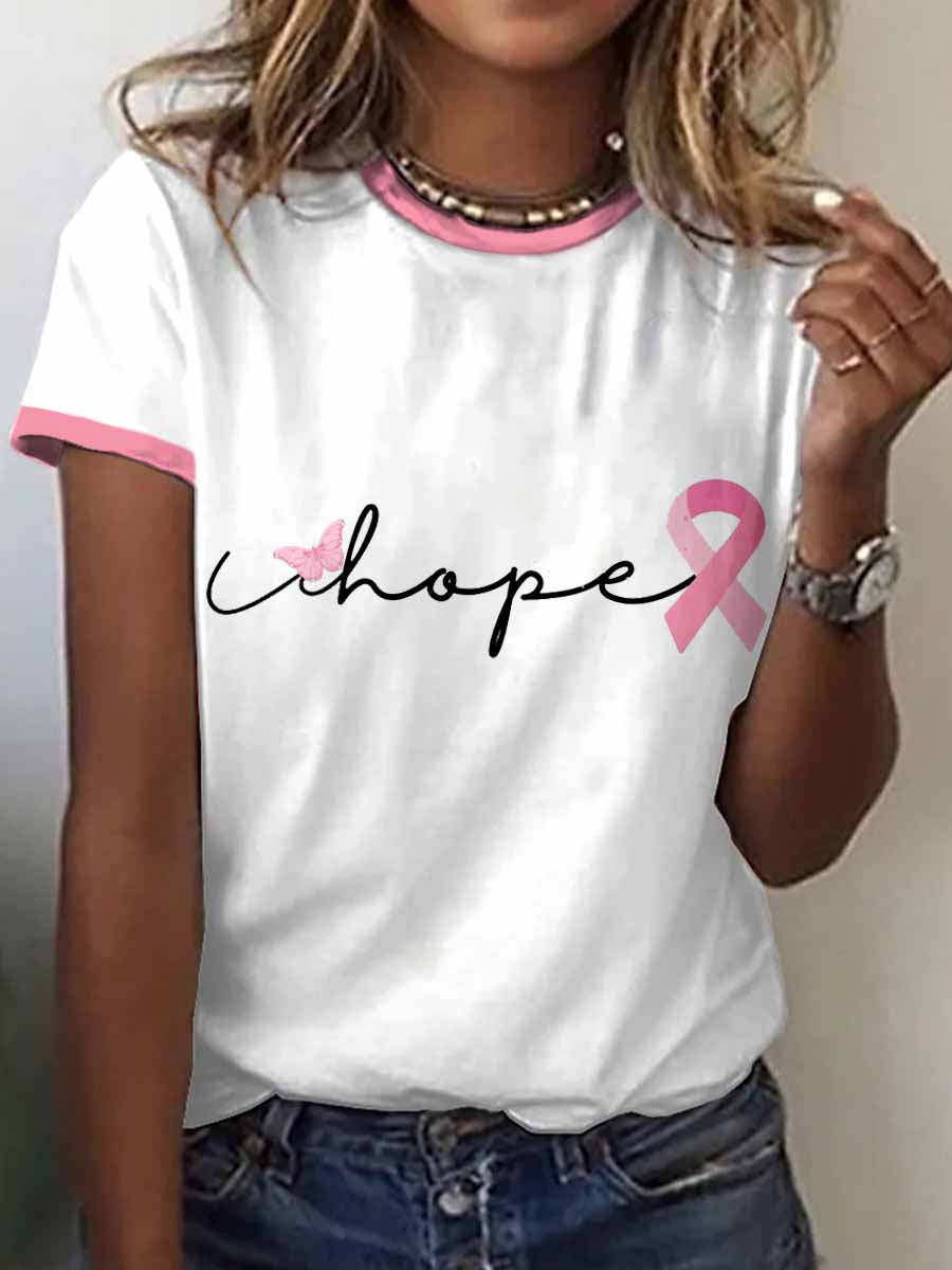 Women's Breast Cancer Awareness Pink Ribbon Print T-Shirt