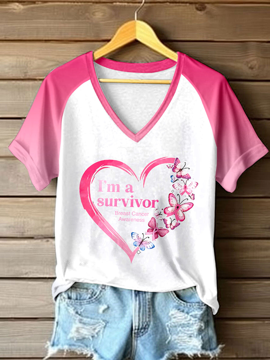 Women's Breast Cancer Survivor Print Contrast Color T-Shirt
