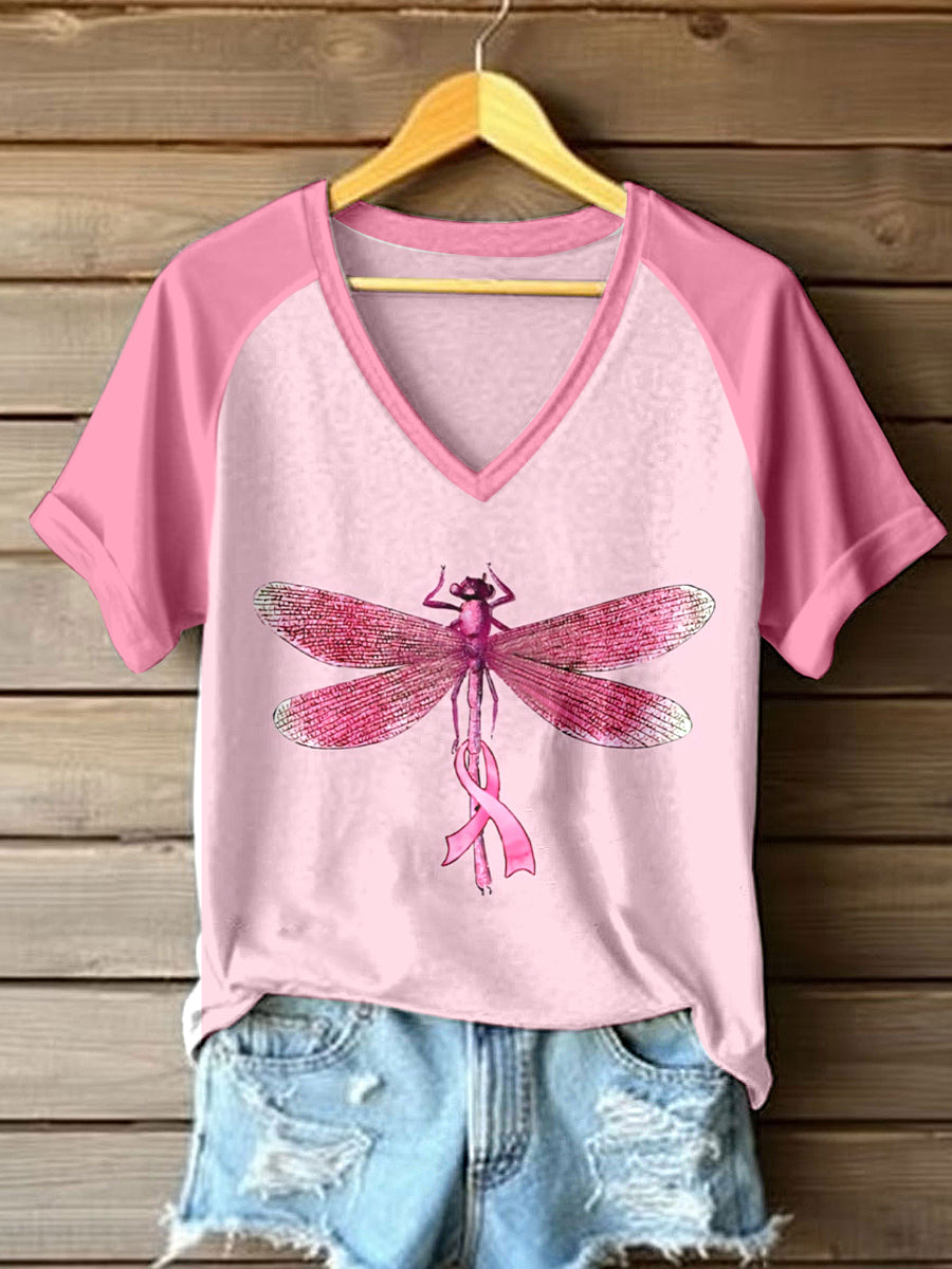 Women's Breast Cancer Awareness Dragonfly Print T-Shirt