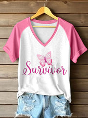 Women's Breast Cancer Awareness Butterfly Embroidered Contrast T-Shirt