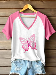Women's Breast Cancer Awareness Butterfly Embroidered Contrast T-Shirt