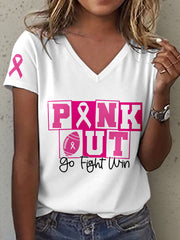 Women's Fight Cancer Pink Ribbon Print V-Neck T-Shirt