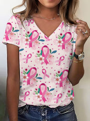 Women's Breast Cancer Awareness Ribbon Floral Print T-Shirt