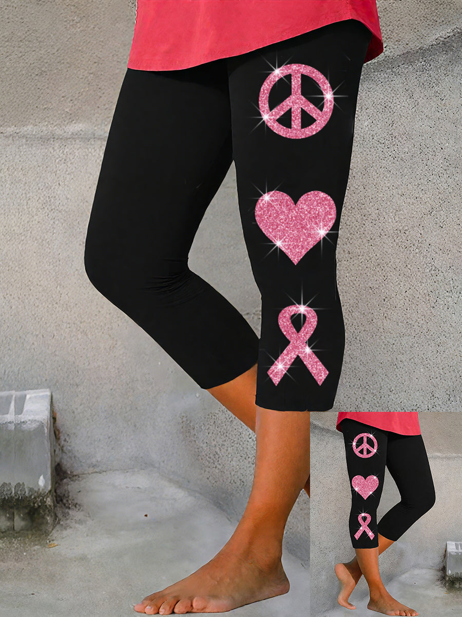 Women's Breast Cancer Awareness Peace Love Cure Print Leggings