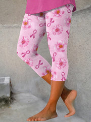 Women's Breast Cancer Awareness Floral Ribbon Print Leggings