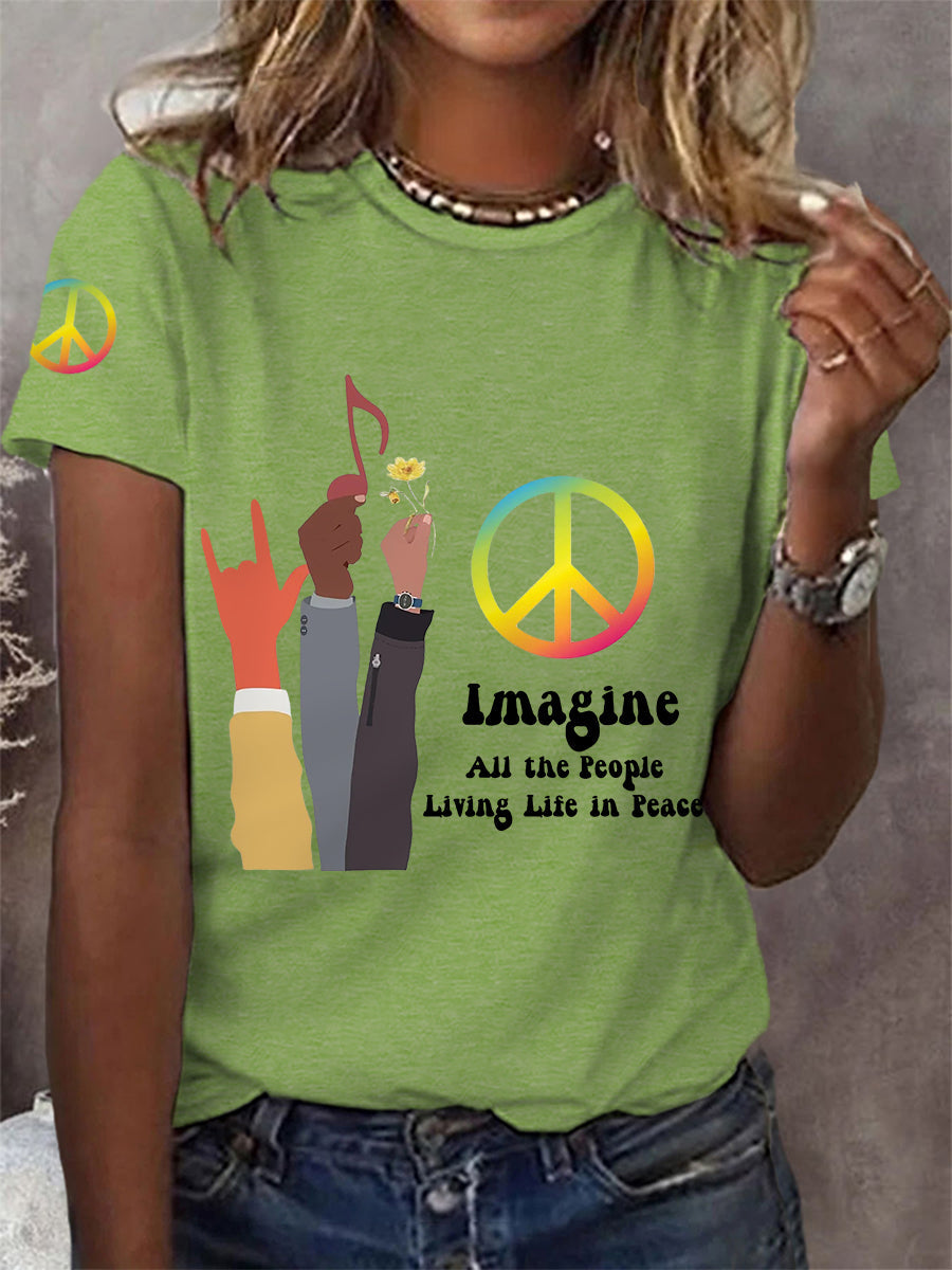 Women's Imagine All The People Living Life In Peace Casual Tee