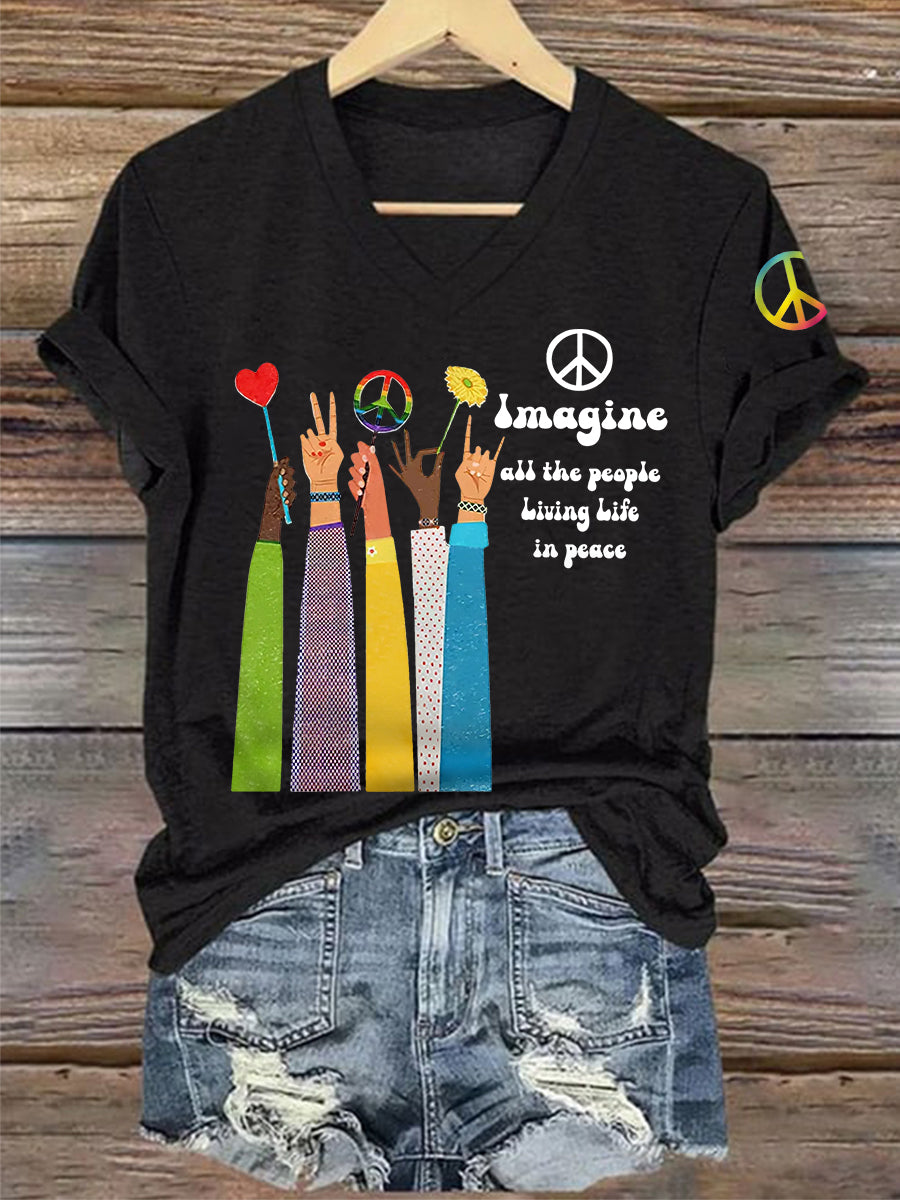 Women's Imagine All The People Living Life In Peace Casual V-Neck Tee