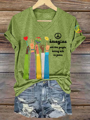Women's Imagine All The People Living Life In Peace Casual V-Neck Tee