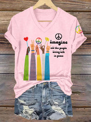 Women's Imagine All The People Living Life In Peace Casual V-Neck Tee