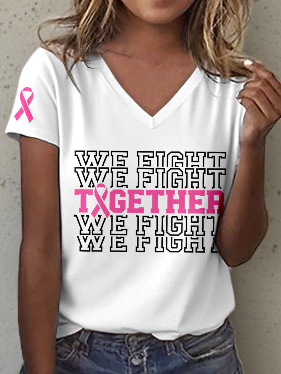 Women's We Fight Together Pink Cancer Ribbon Print T-Shirt