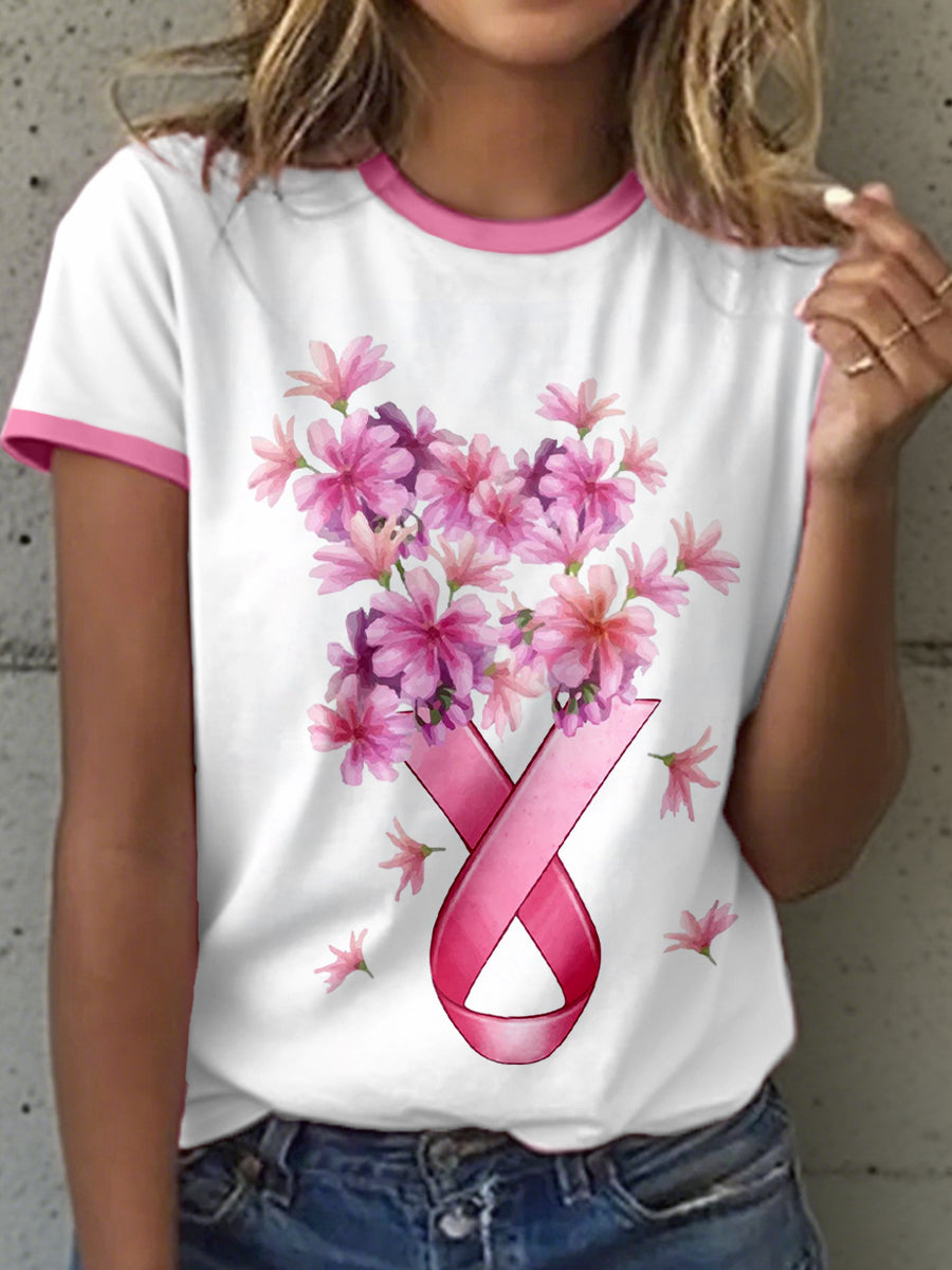 Women's Breast Cancer Awareness Floral Print T-Shirt